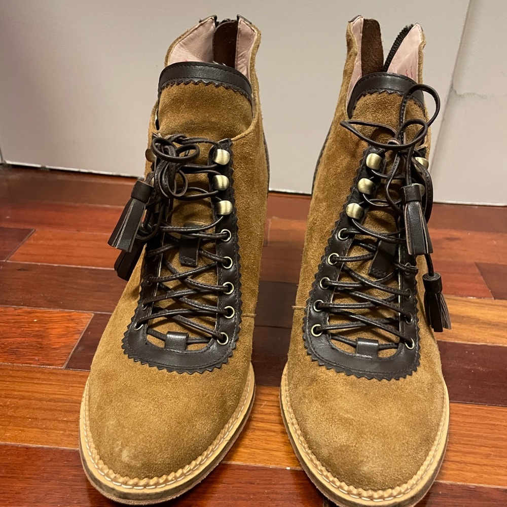 Suede booties, Plenty by Tracy Reese, brown leather boot laces